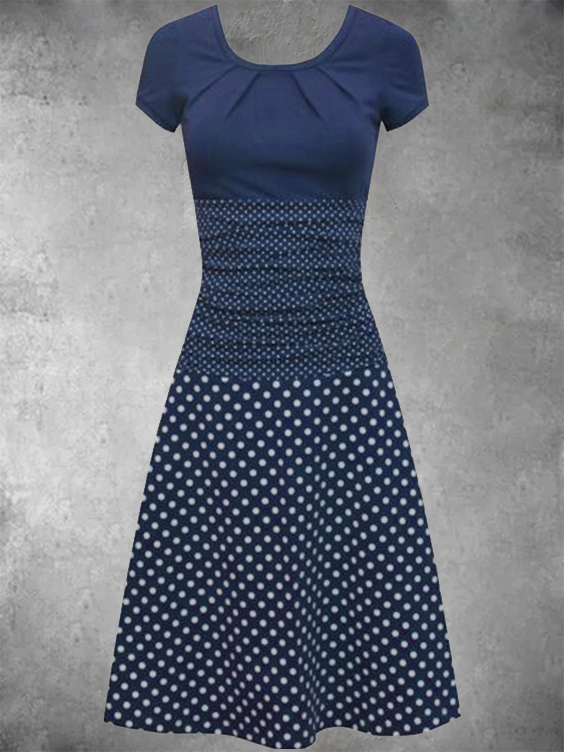 Deep Blue Knitted Short Sleeve Polka Dots Knitting Dress
