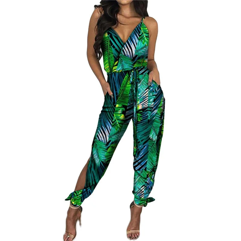 Xinging Women Jumpsuit Spaghetti Strap Mixed Print Slit Leg Jumpsuit Sexy V-Neck Jumpsuits for Women Clubwear Outfits Rompers