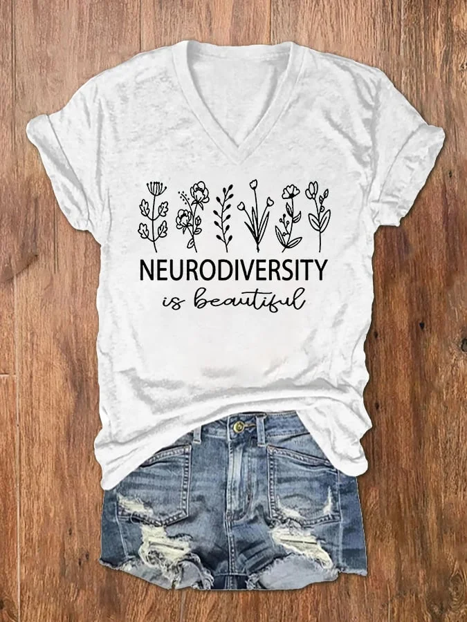 Women's Neurodiversity Autism Awareness Print V-Neck T-Shirt