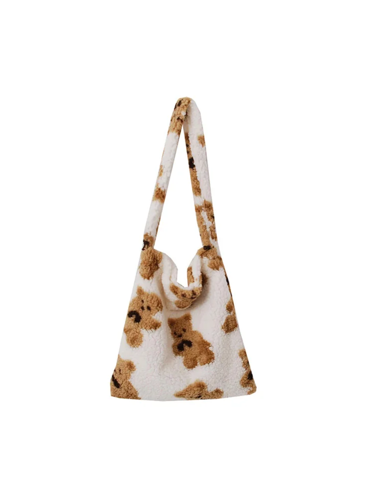 Autumn Plush Handbag Bear Print Large Capacity Women Shoulder Bag (White)