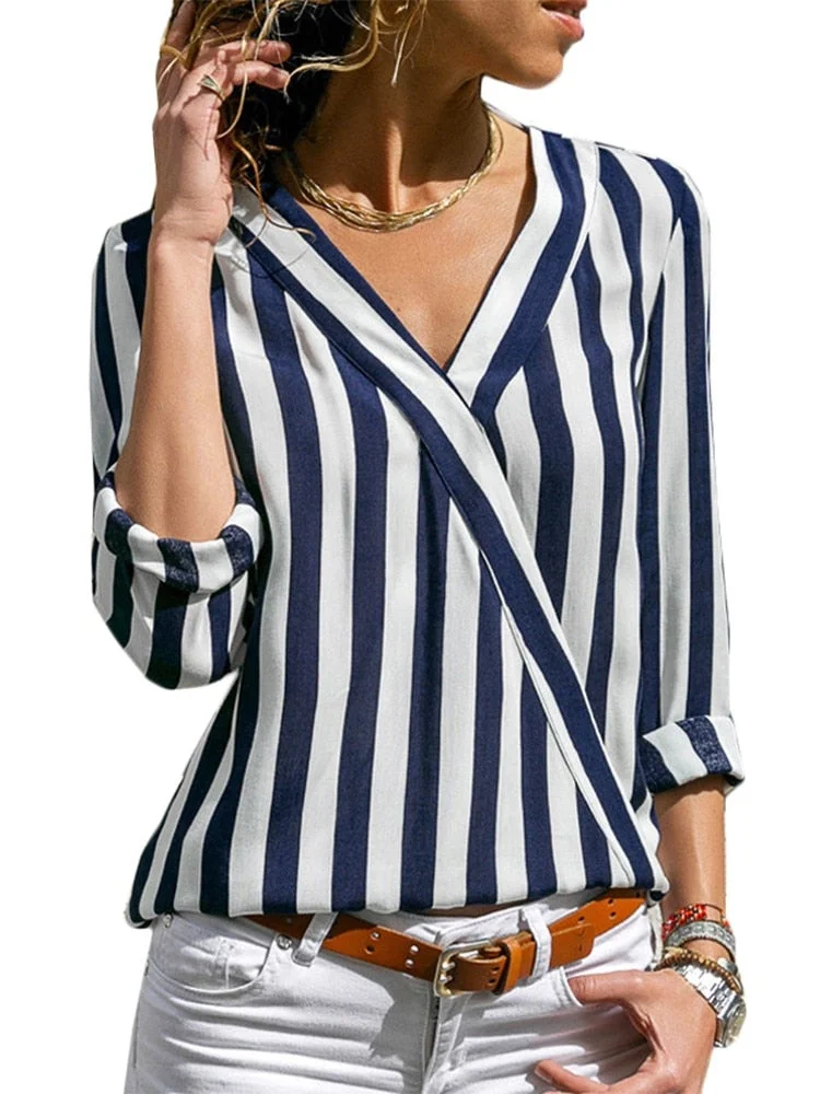 Women Striped Blouse V-neck Long Sleeve Blouses Shirts Casual Tops Work Wear Chiffon Shirt Plus Size Blusas Mujer De Moda 2022