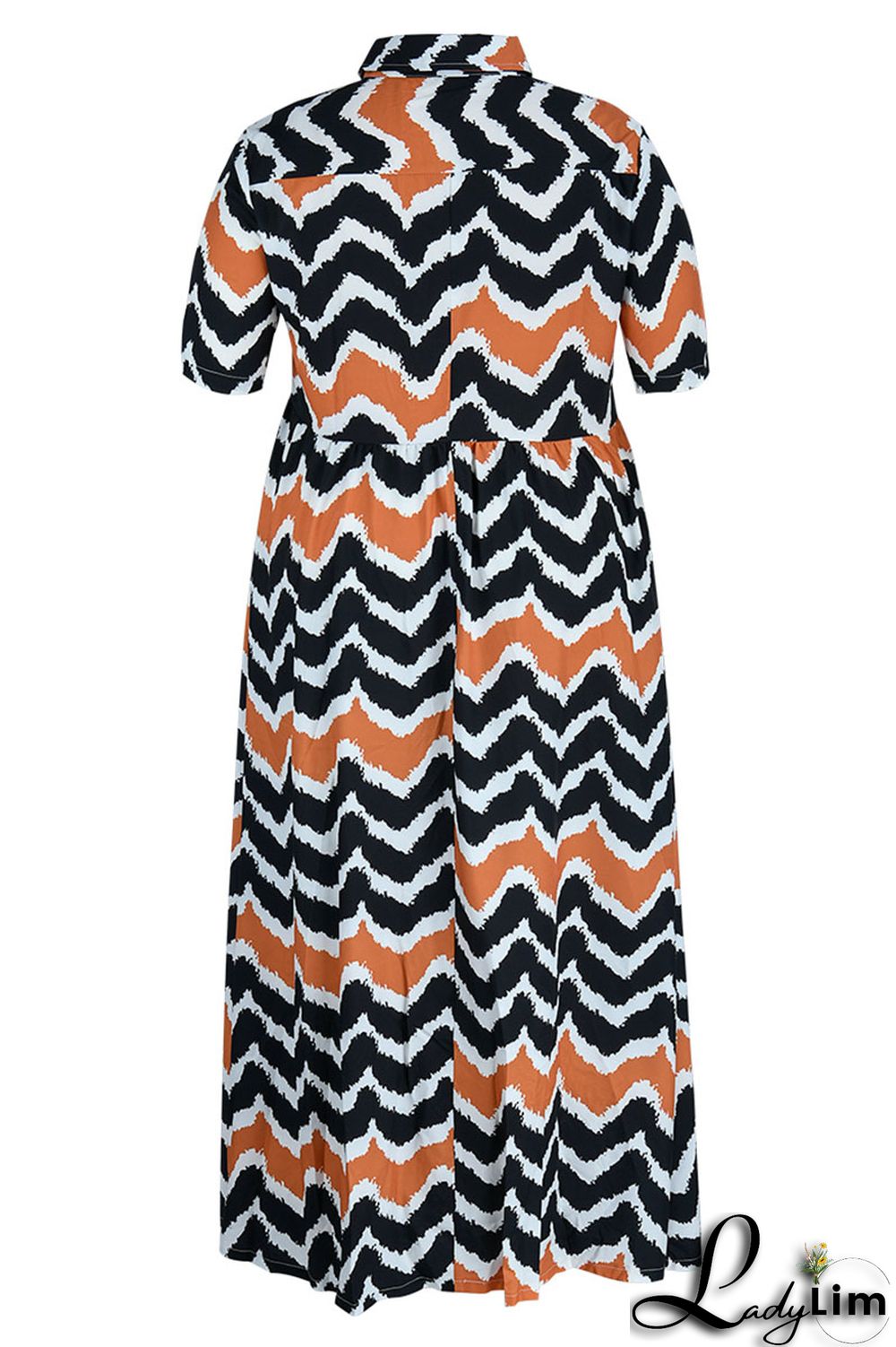Apricot Casual Striped Print Patchwork Buckle Turndown Collar A Line Plus Size Dresses(Without Belt)