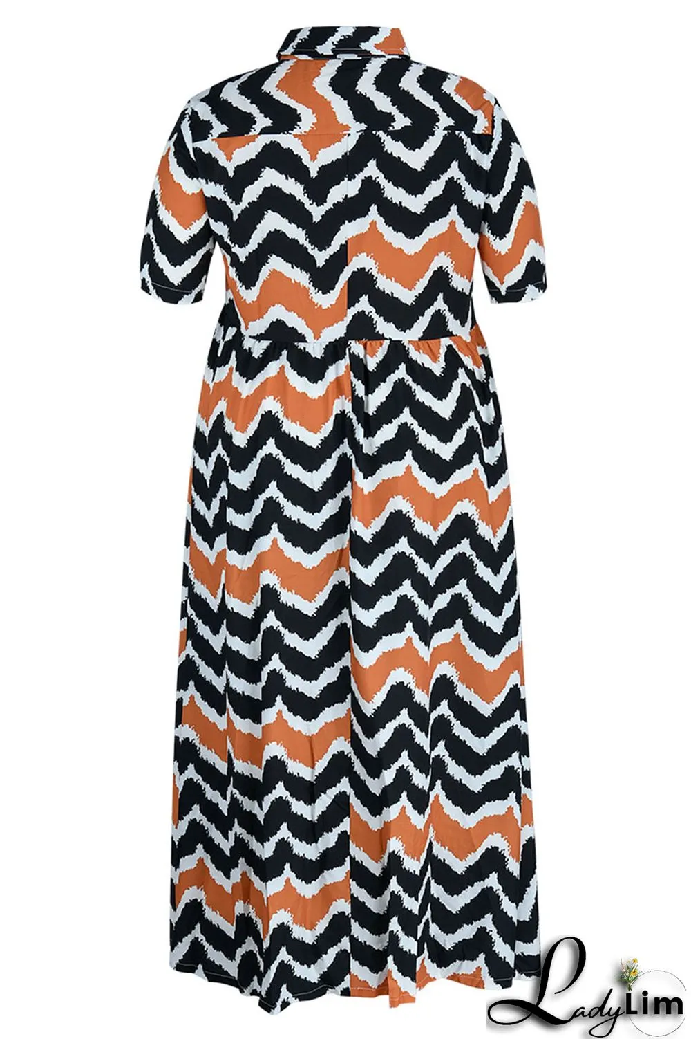 Apricot Casual Striped Print Patchwork Buckle Turndown Collar A Line Plus Size Dresses(Without Belt)