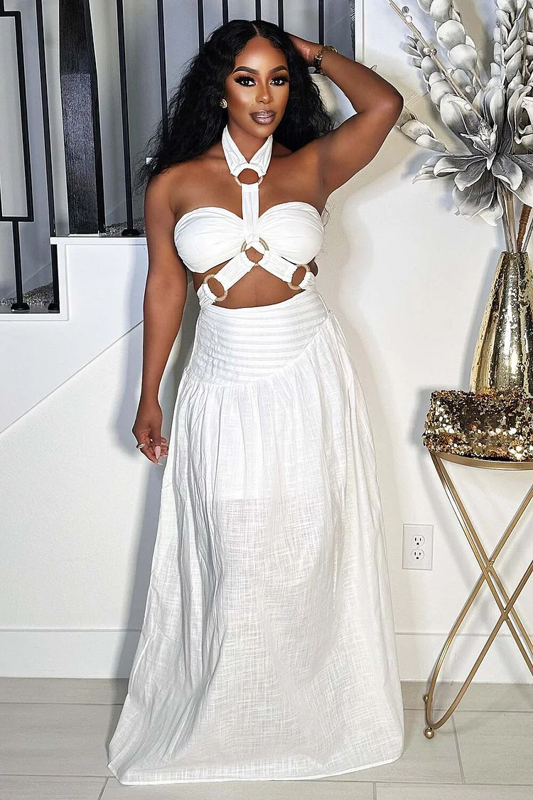 Halter O-Ring Patchwork Crop Top Semi-Fitted Maxi Skirt 2pcs Set-White