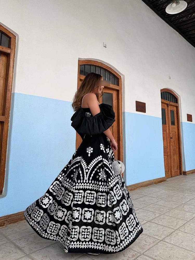 Elegant Ethnic Print Ruffle Slip Dress