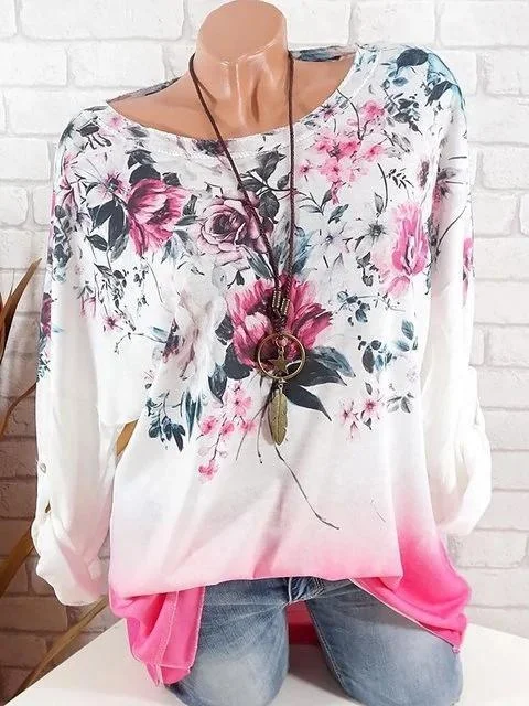 long sleeve elegant floral printed dyed cotton blend round neck plus size shirts blouse p161115