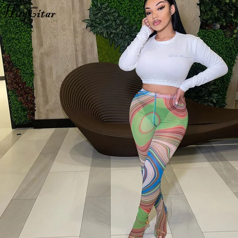 Hugcitar 2021 High Waist Asymmetric Multi Color Vortex Bodycon Long Pants Summer Women Fashion Sexy Streetwear Casual Trouser