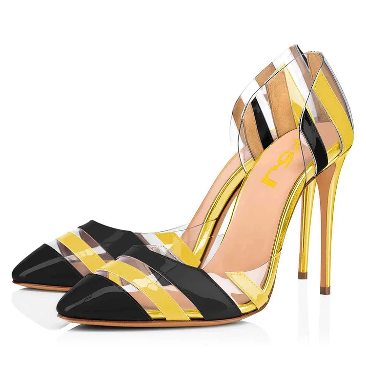 Black and Yellow Stiletto Heels Patent Leather transparent PVC Pumps |FSJ Shoes