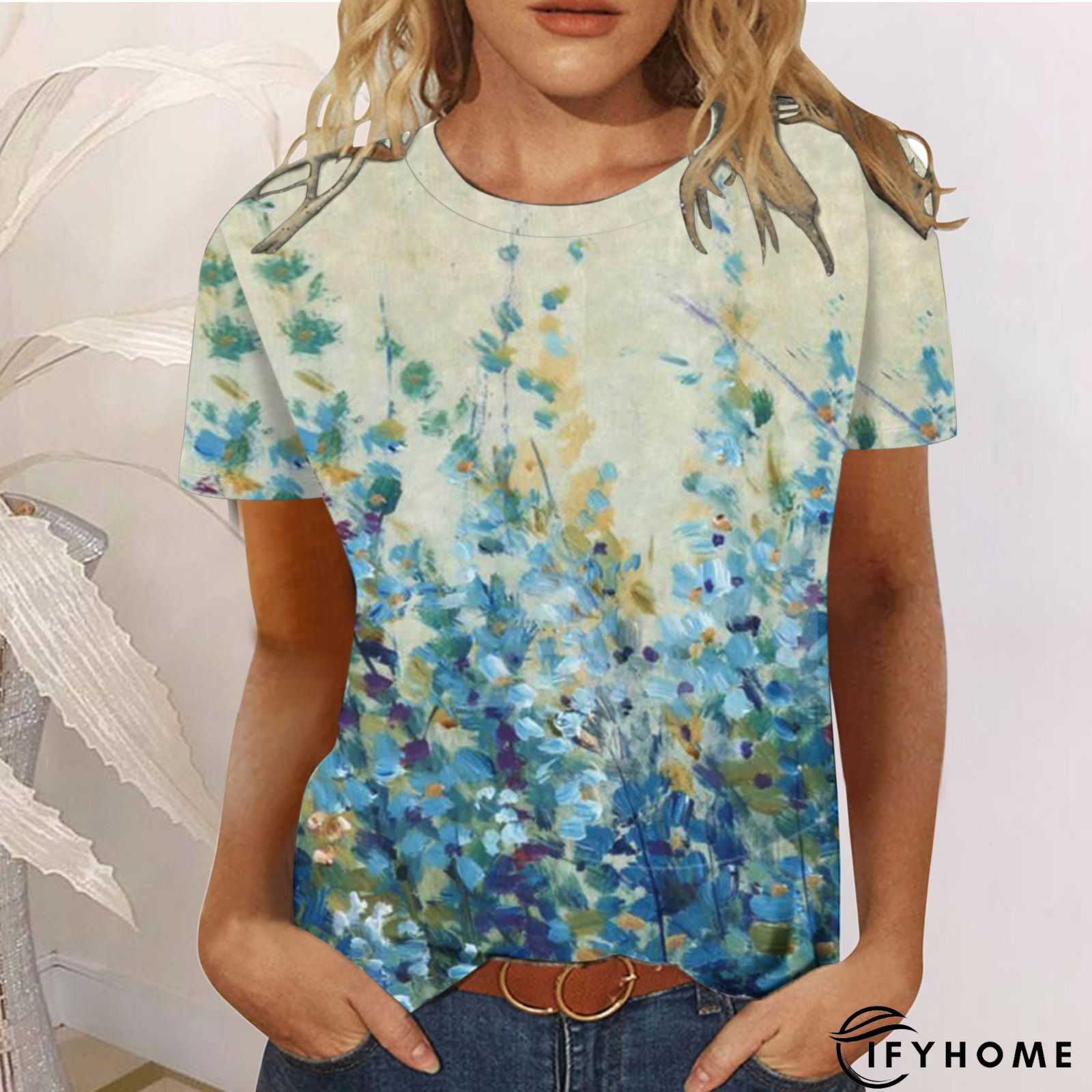 Crew Neck Casual Geometric Short Sleeve T-Shirts | IFYHOME