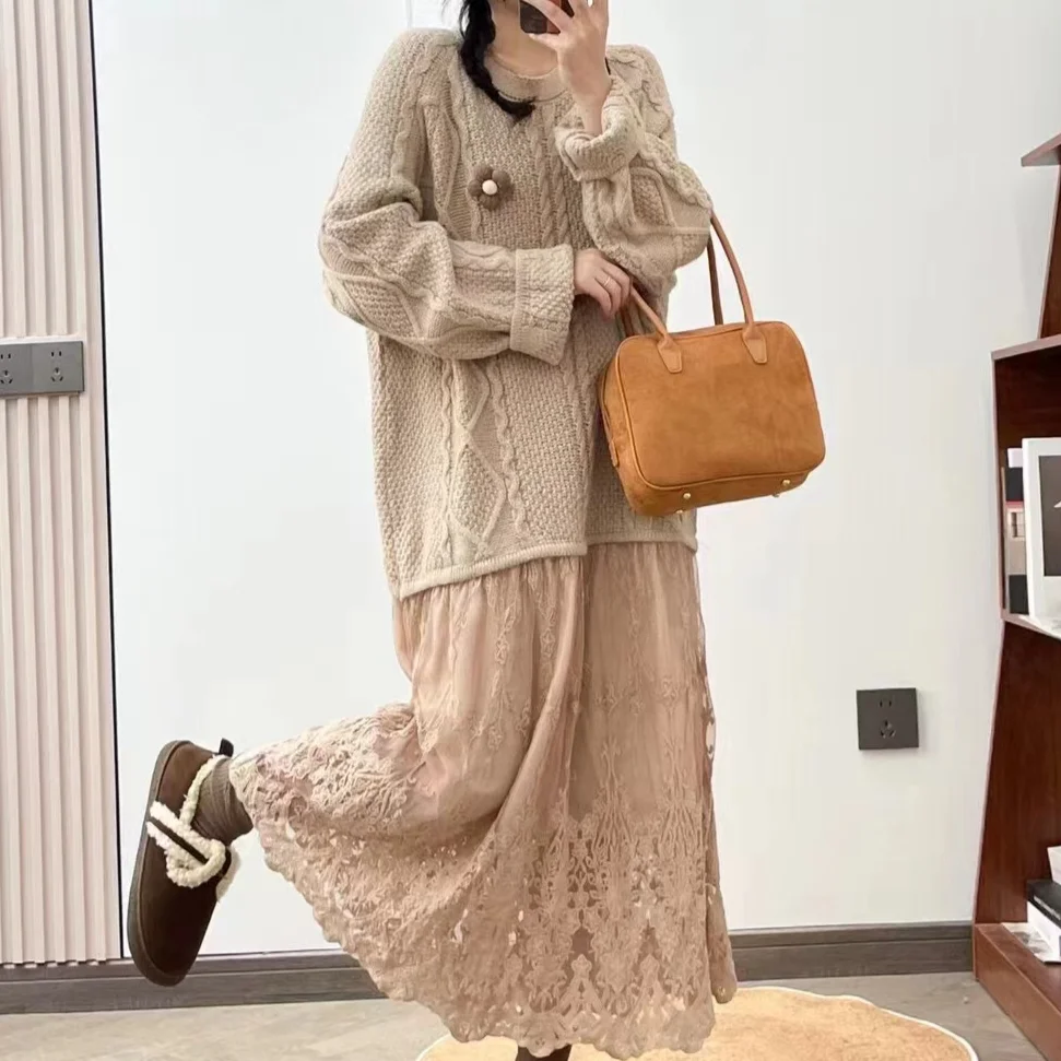 Chicfifth Sweater Women Winter Long Sleeve High Quality Autumn Vintage Top Knitted Cardigan Maxi Dress