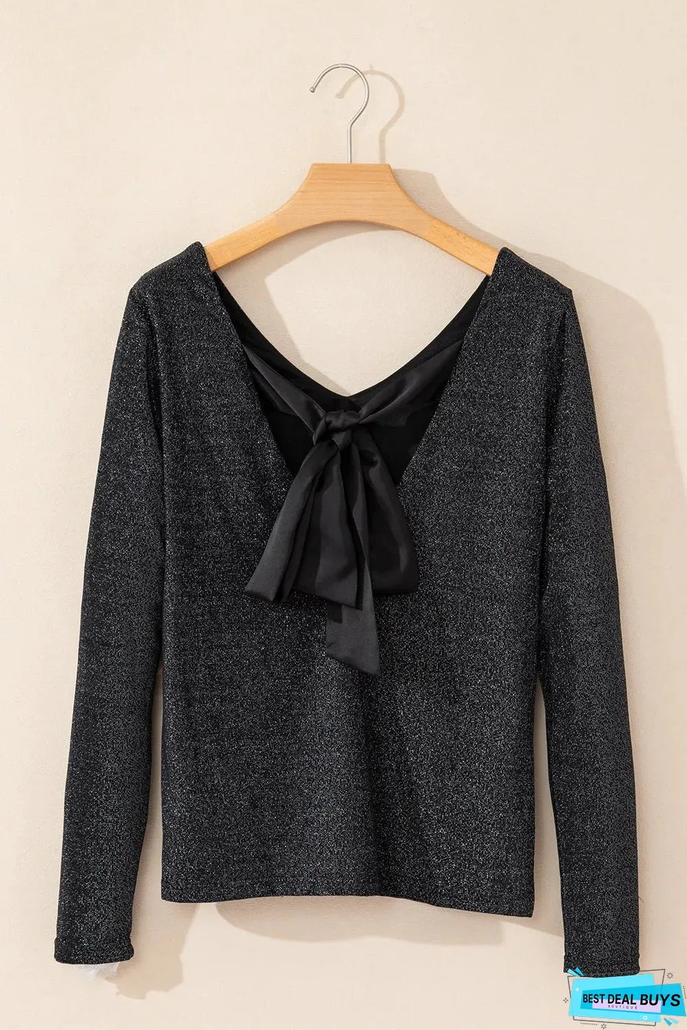 Black Metallic Bowknot Open Back V Neck Top