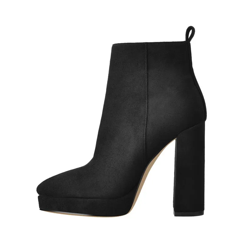 Onlymaker Women Ankle Boots Pointed Toe Black Matte Flock12CM Chunky Heel Platform Booties Party Shoes Large Size Short Boots