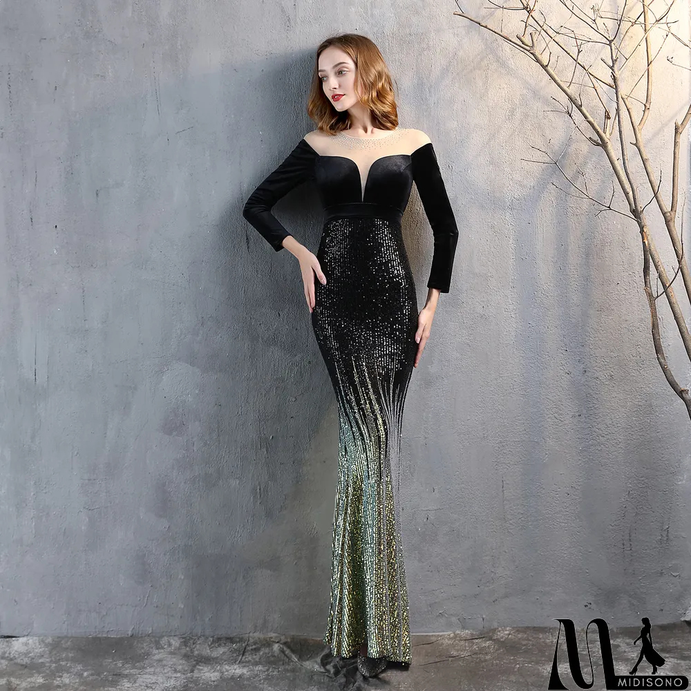 MidiSono - Formal Long Sleeve Patch Velvet Sequins Mermaid Evening Dress