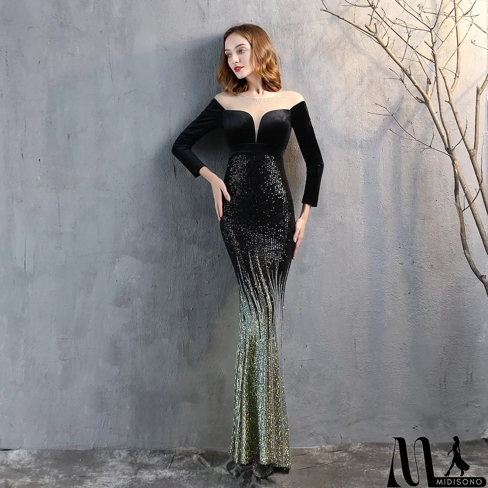 MidiSono - Formal Long Sleeve Patch Velvet Sequins Mermaid Evening Dress
