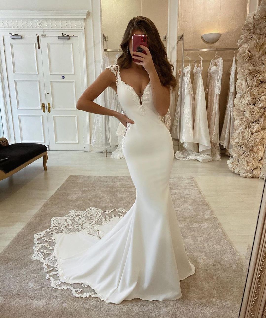 Daisda Deep V-neck Satin Floor-length Mermaid Wedding Dress With ...