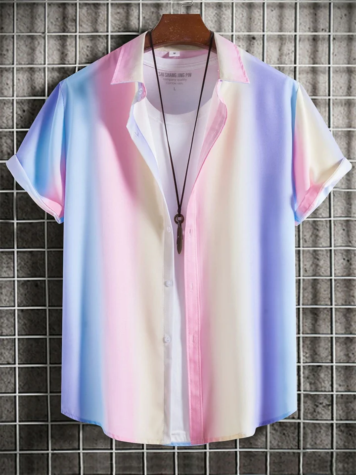Summer New Slim Lapel Fashion Urban Gradient Shirt Men's Short-sleeved Loose Type Cardigan Shirt Men's Clothing