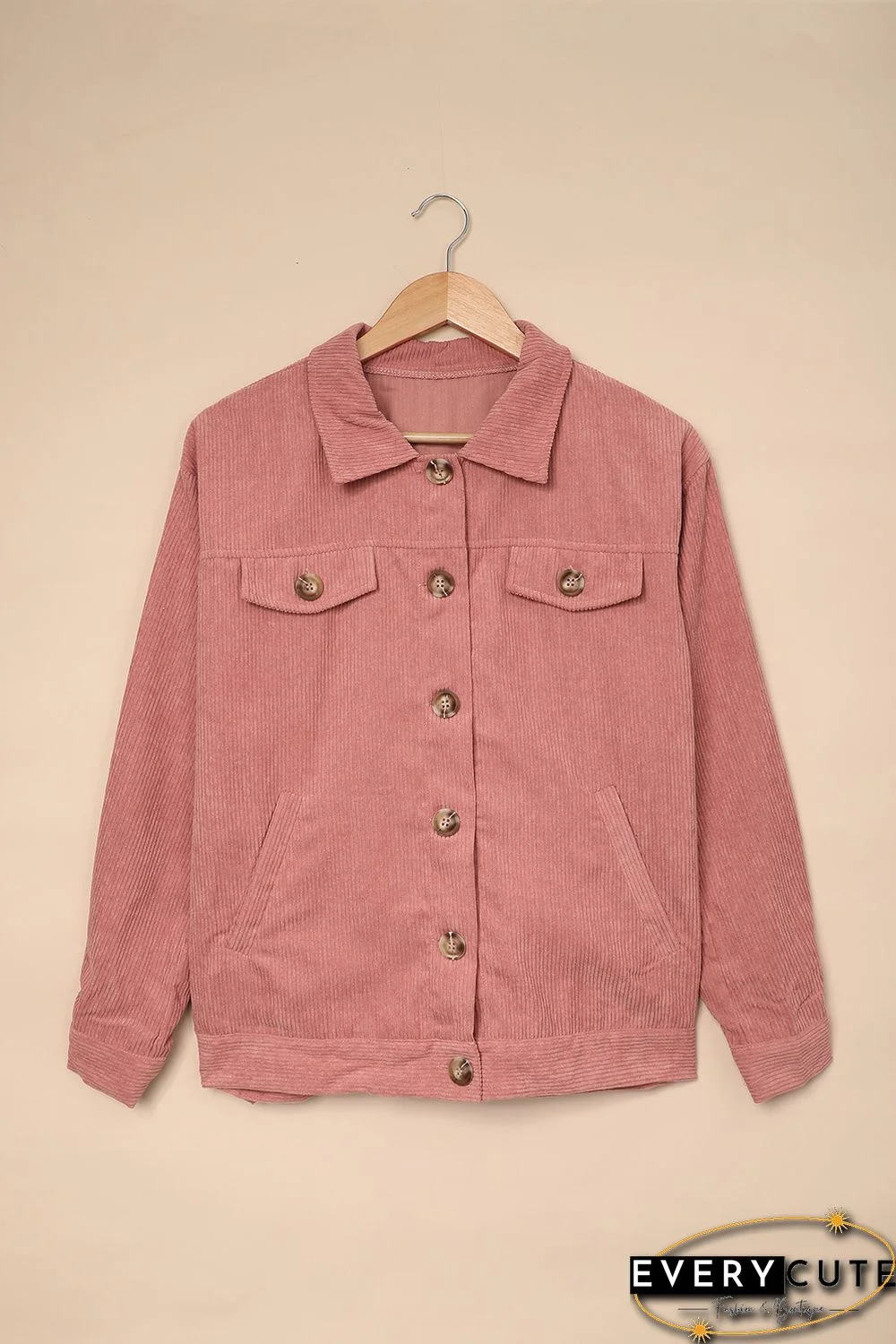 Pink Ribbed Corduroy Long Sleeve Jacket with Pocket