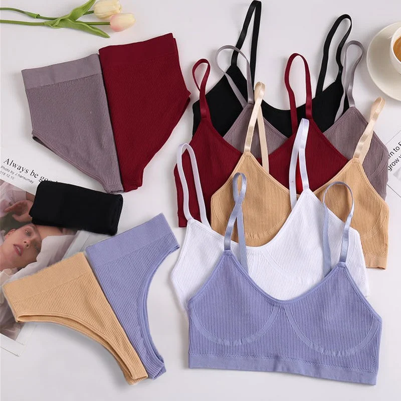 Billionm Sexy Bra Set Women Seamless Underwear Female Lingerie Ribbed Tops Thong High Waist Panties Brassiere Stretchy Tank Crop Top