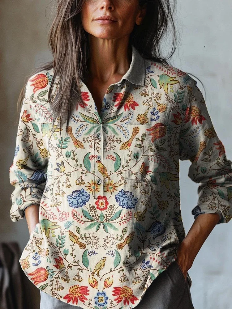 Women's Lovely Floral Birds Art Print Casual Cotton And Linen Shirt