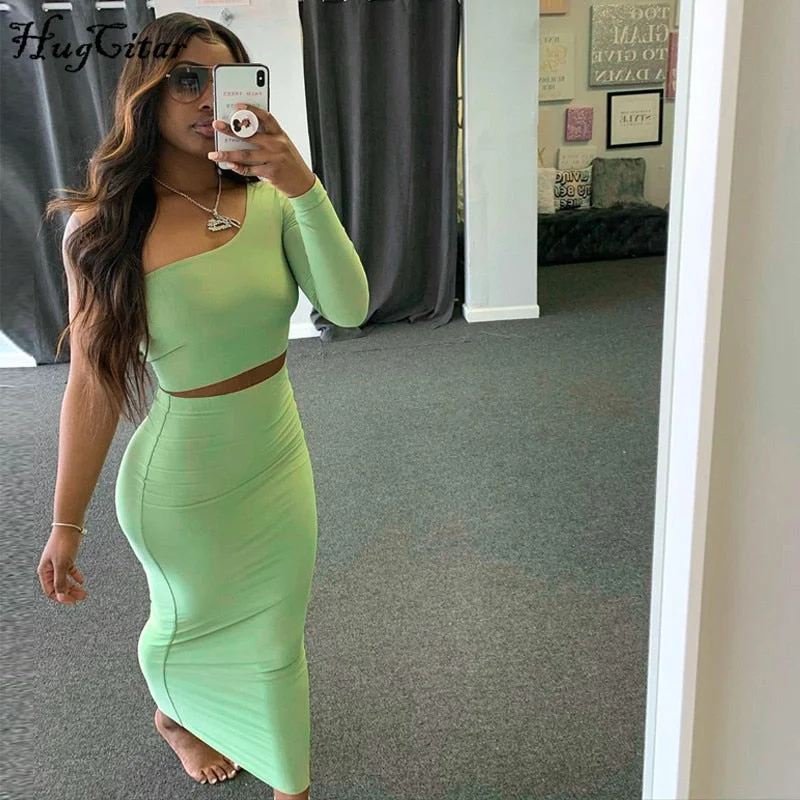 Hugcitar 2020 One-Shoulder Crop Top High Waist Skirt 2 Piece Set Autumn Winter Women Fashion Streetwear Outfits Tracksuit