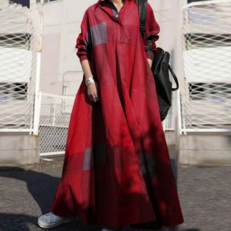 Cotton Linen Color Contrast Stitching Printing Loose Long Sleeved Maxi Dress