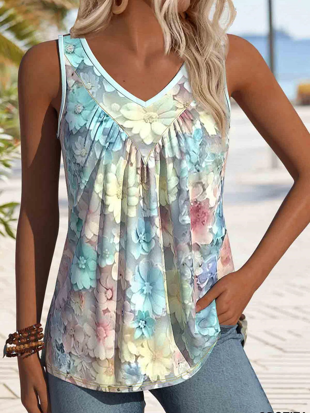 Women Sleeveles V-neck Floral Printed Graphic Tops