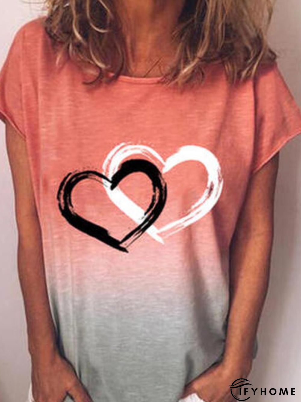 Casual Heart Short Sleeve Round Neck Printed Top T-shirt | IFYHOME
