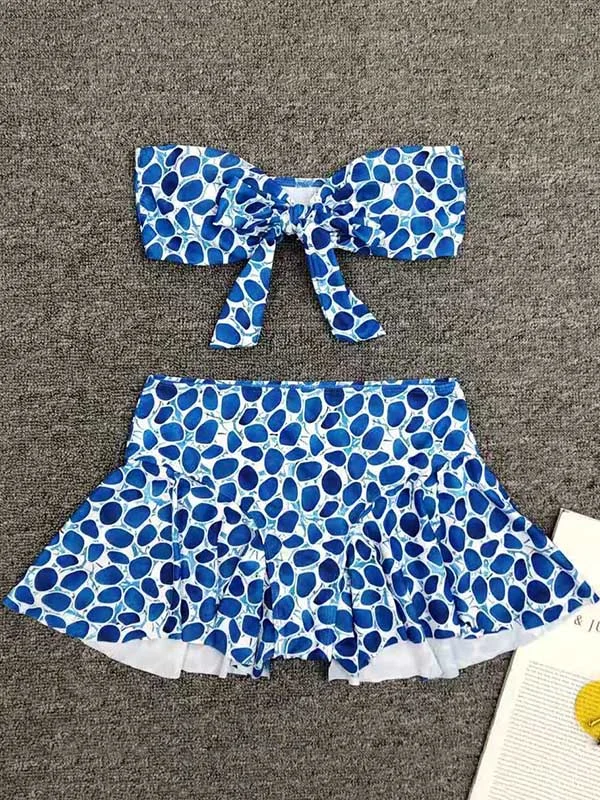 Split Tankini Swimsuit Floral-Print Knotted Bandeau+Falbala Swimming Pants