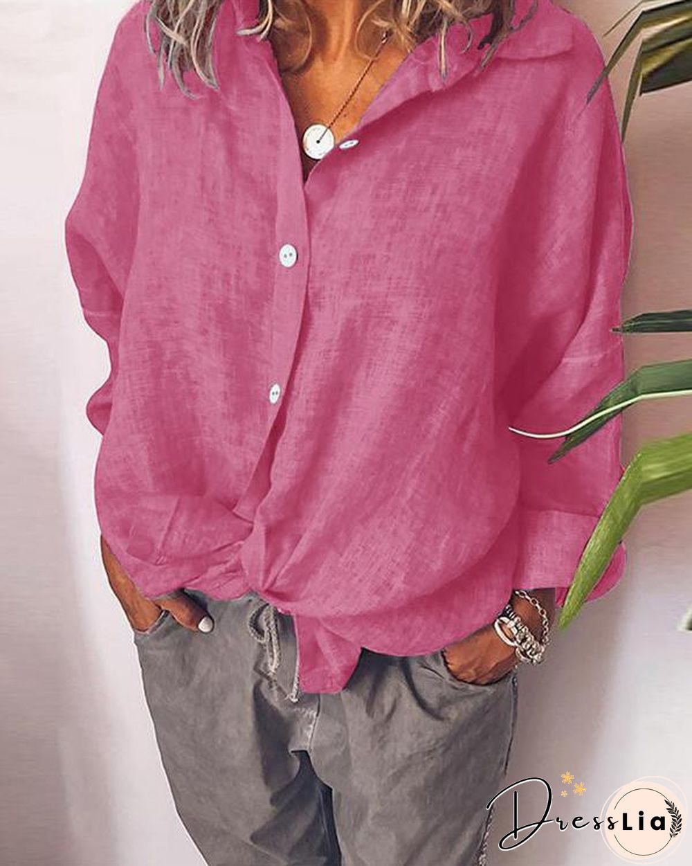 Women's Lapel Cardigan Two-tone Cotton Single-breasted Long Sleeve Shirt