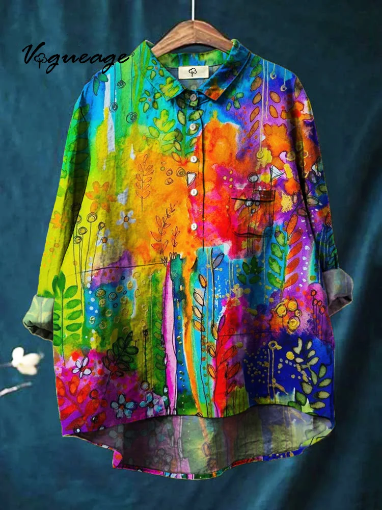 Gorgeous Color Block Stitching Plants Printed Cotton And Linen Shirt