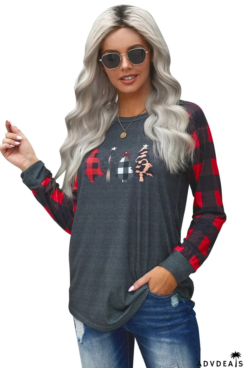 Christmas Pattern Plaid Splice Long Sleeve Top