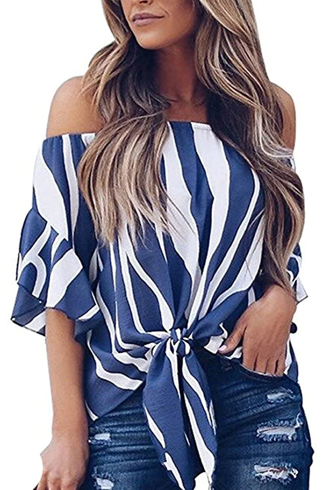 Women's Chiffon Striped Off Shoulder Bell Sleeve Front Tie Knot T Shirt Blouse Tops Tees