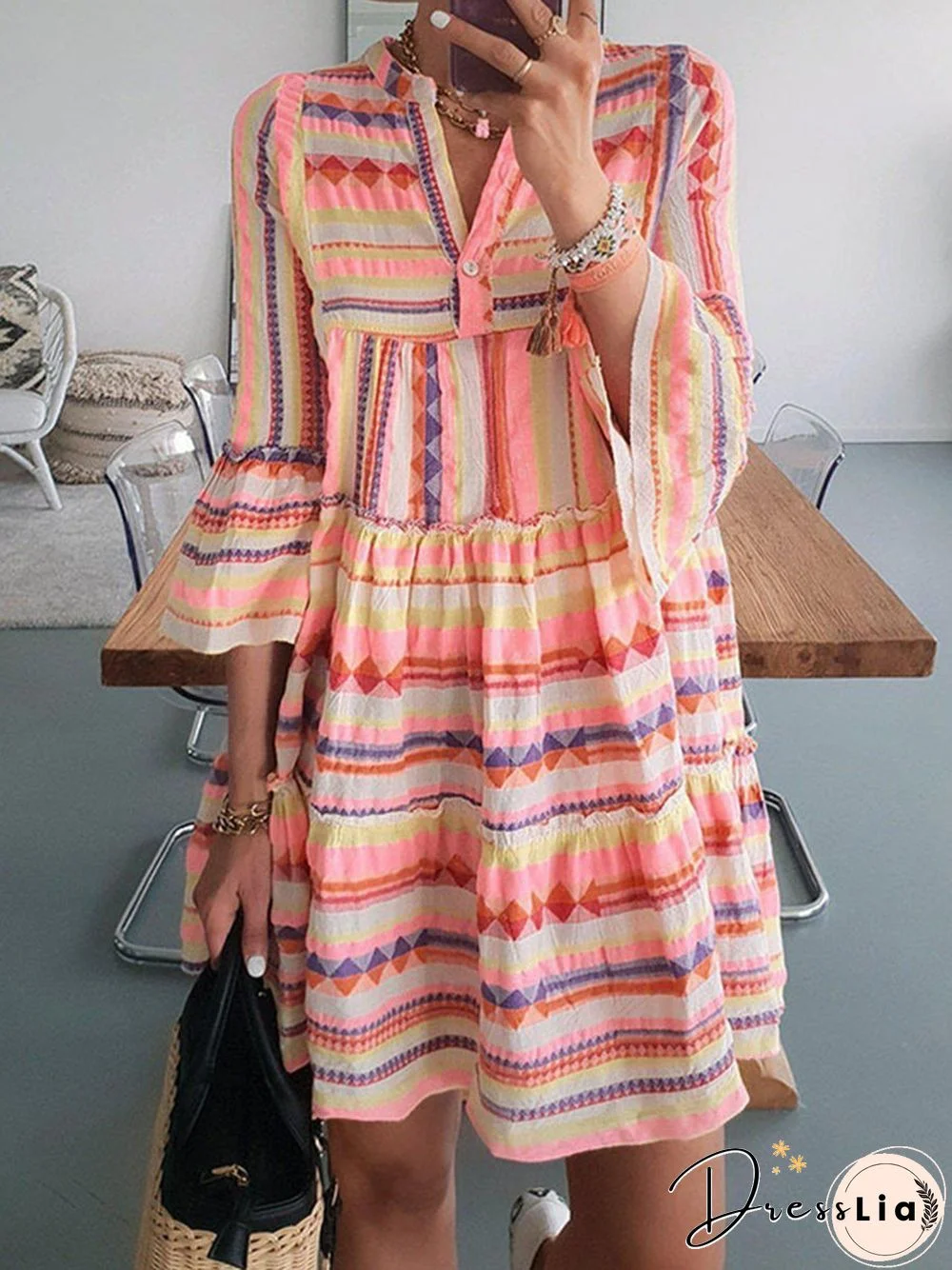 Striped Print Flare Sleeve Mini Dress P15585