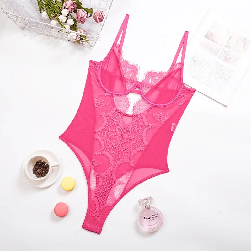 Yimunancy Floral Lace Bodysuit Women Hallow Out Sexy Bodysuit 2021 Summer 5 Colors Ladies Sexy Teddies Bodysuit