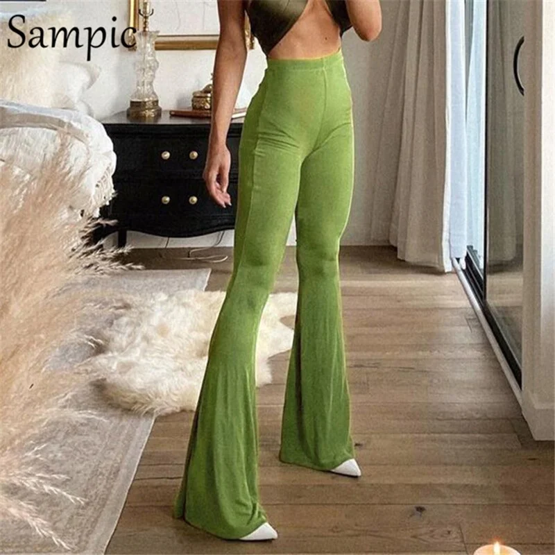 Sampic 2021 Fashion Green Sexy Women Black High Waisted Skinny Knitted Sweat Pants Long Ladies Trousers Bodycon Flared Pants