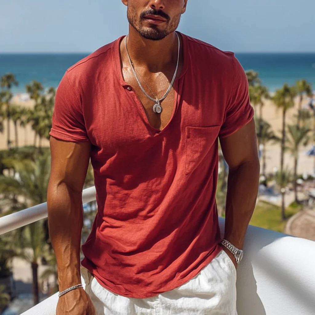  Stylish Red Henley T-Shirt for Men - Perfect for Summer Outings-inspireuse