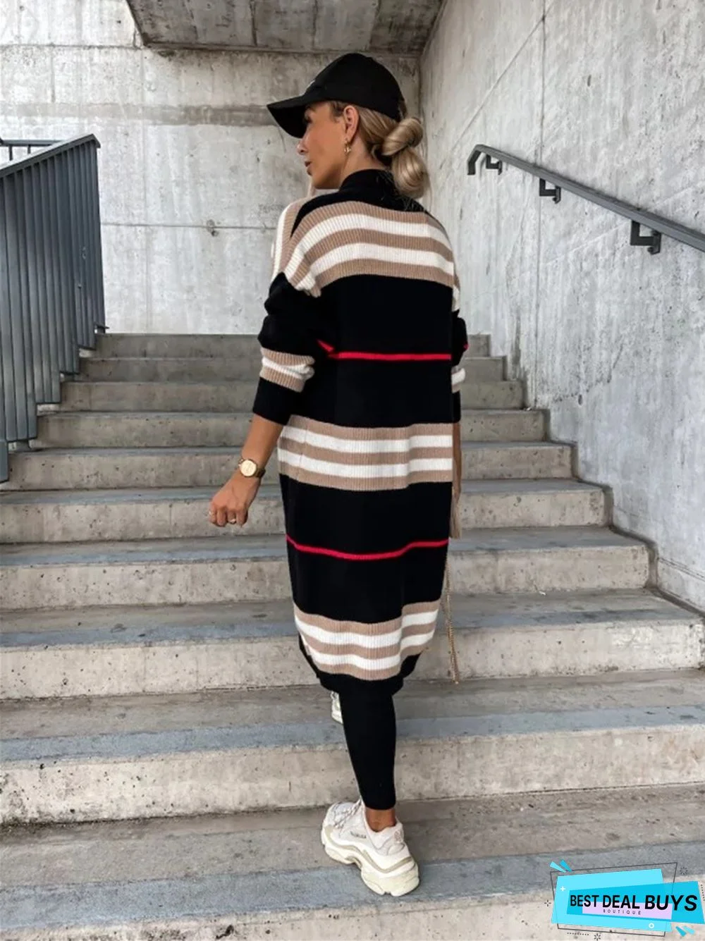 Ladies Long Cardigan Striped Knit Sweater
