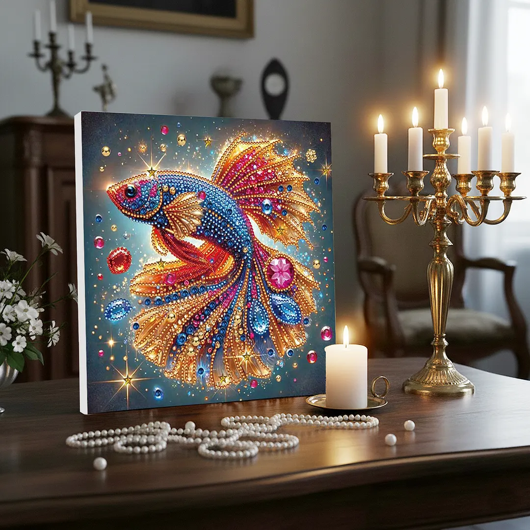 Fish DIY Special Shape Drill Art Craft Pearl Diamond Painting with Frame 25x25cm Diamond Art Pearl Painting Kit for Adults Beginners Home Decor