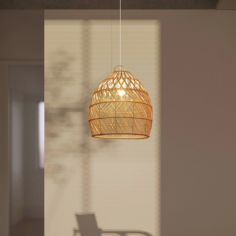 Rustic Rattan Pendant Light Wicker Hanging Lamp Shade For Bedroom