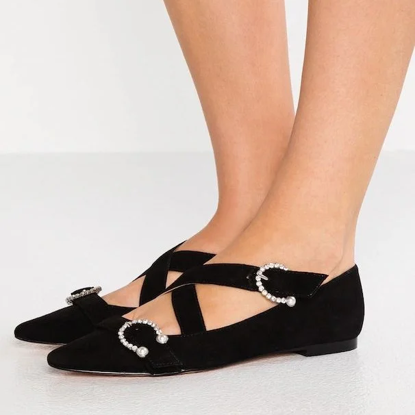 Black Comfortable Buckle Crossover Strap Vegan Suede Flats |FSJ Shoes