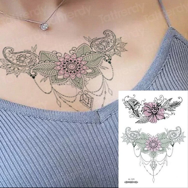 Waterproof Temporary Sticker Geometric dragonfly Sternum Tattoo Black Triangle Tattoos Body Arm Fake Tatoo Chains Sternal patch