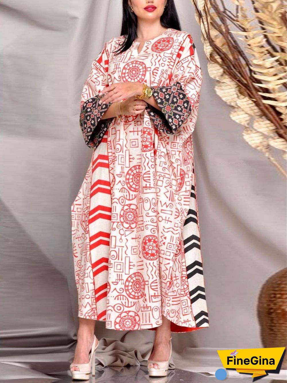 Red Geometric Figure Black Pattern Sleeve Kaftan