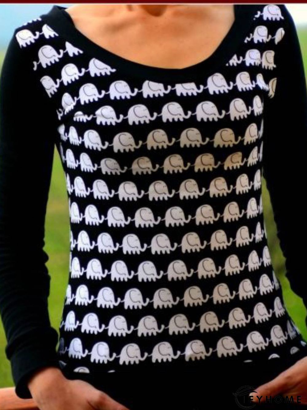 Black Long Sleeve Crew Neck Cotton-Blend Animal Top | IFYHOME