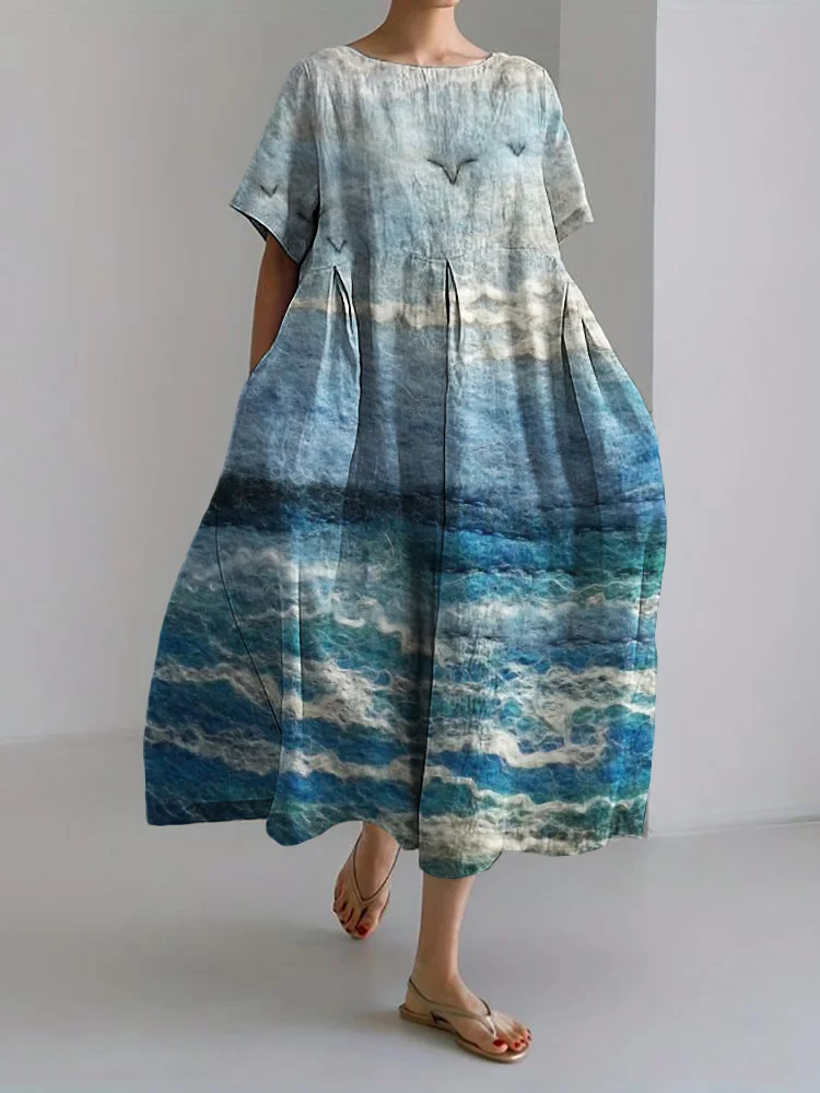 Seagulls Seascape Felt Art Linen Blend Maxi Dress