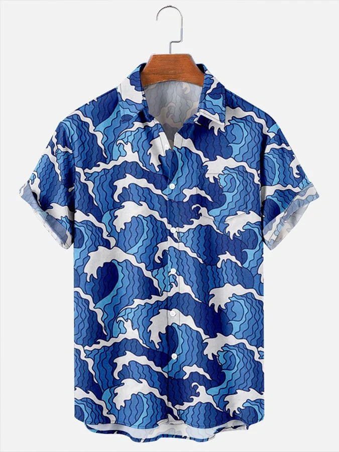 Mens Japanese Ukiyoe Wave Print Casual Breathable Chest Pocket Short Sleeve Hawaiian Shirts