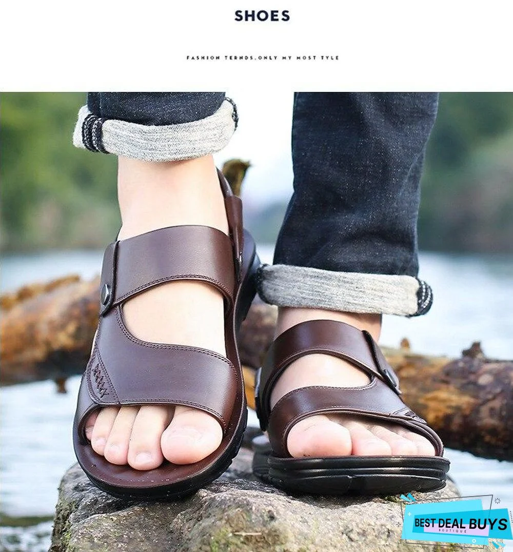 Men's Genuine Leather Sandals Summer Beach Casual Slippers Shoes