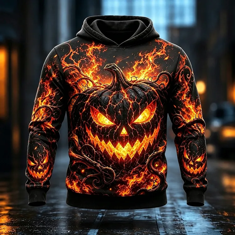 Men's Halloween Flaming Pumpkin Print Casual Hoodie