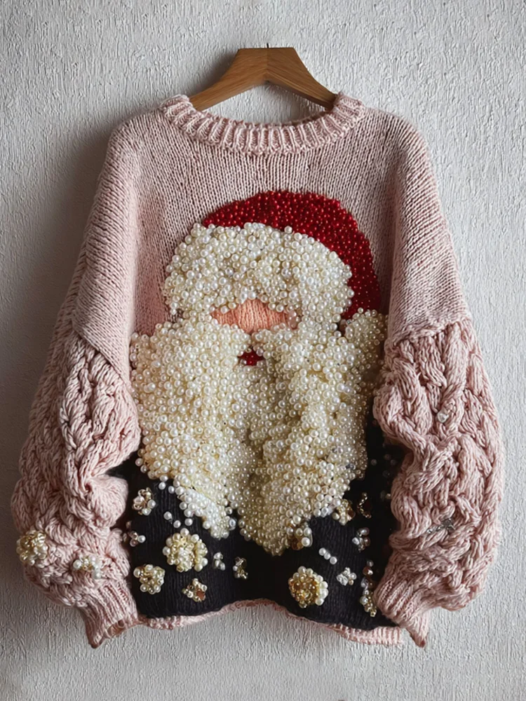 Santa Claus Embroidered Pearl Crew Neck Sweater