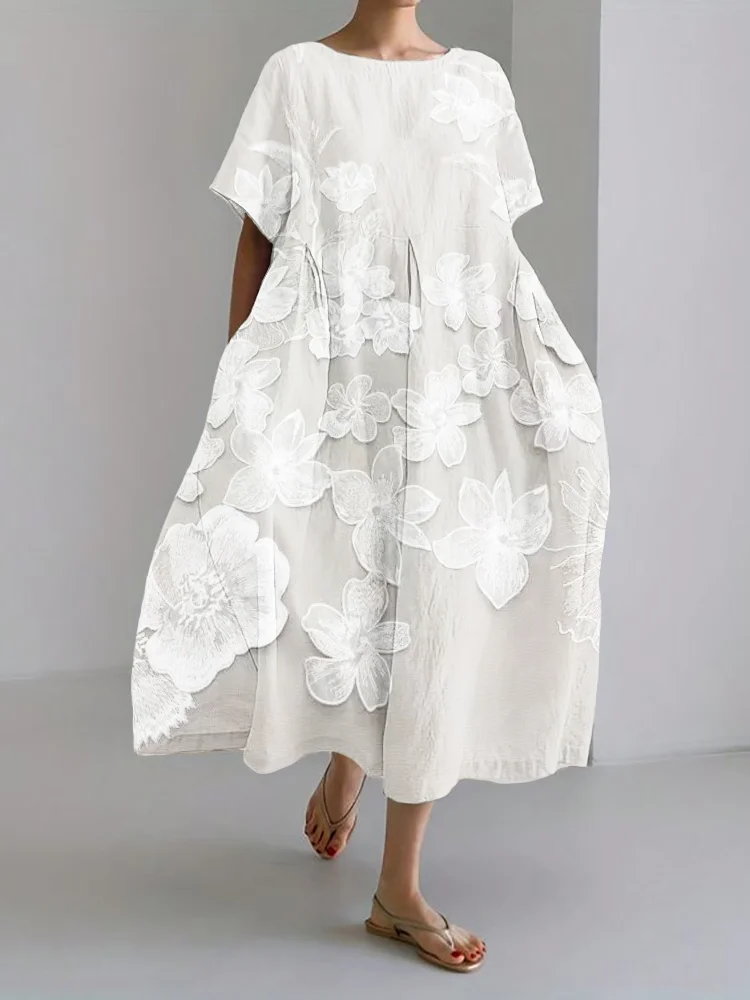 Flowy Floral 3D Embroidery Linen Blend Maxi Dress