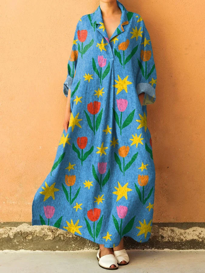 Women's Vintage Floral Art Print V-Neck Pocket Cotton Dress